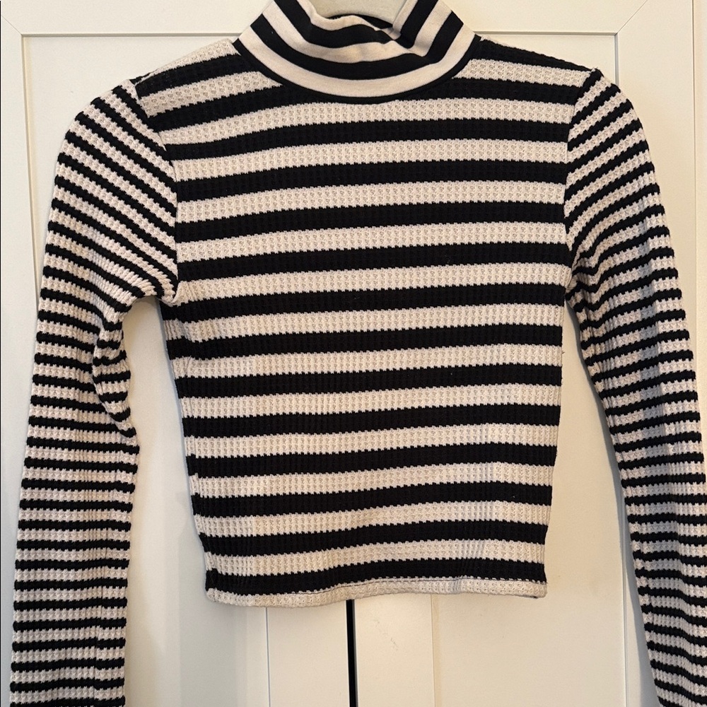Aerie waffle knit Black and White mock neck Striped Sweater tight crop